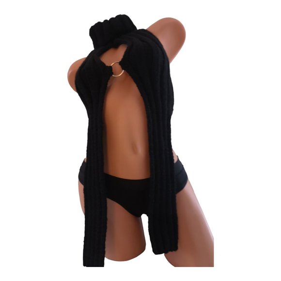 🇨🇦 Handmade Rib Knit ORing Party Rave Festival Turtleneck Halter Top Black - Picture 3 of 9